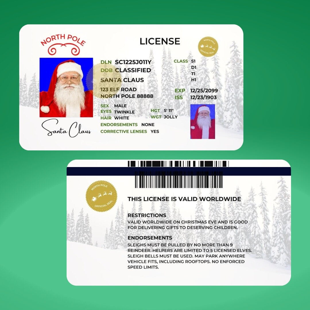 Santa Claus License, Lost Driving License, Santa's Sleigh, Santa License, Santa Driving License, Santa Flying License, Kid Stocking Stuffer